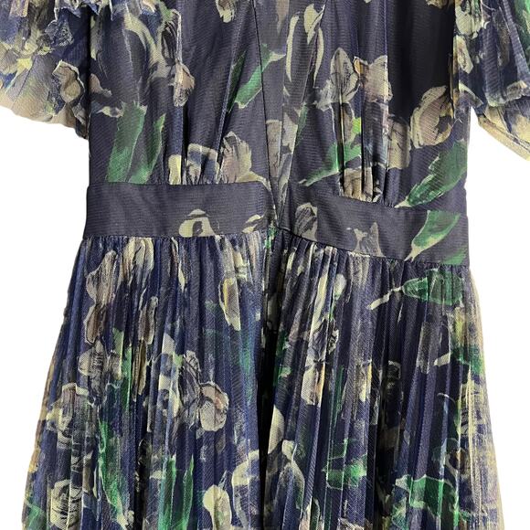 Marchesa Voyage Iris Blue Sheer Pleated Floral Print V-Neck Midi Dress 2 - Picture 9 of 16